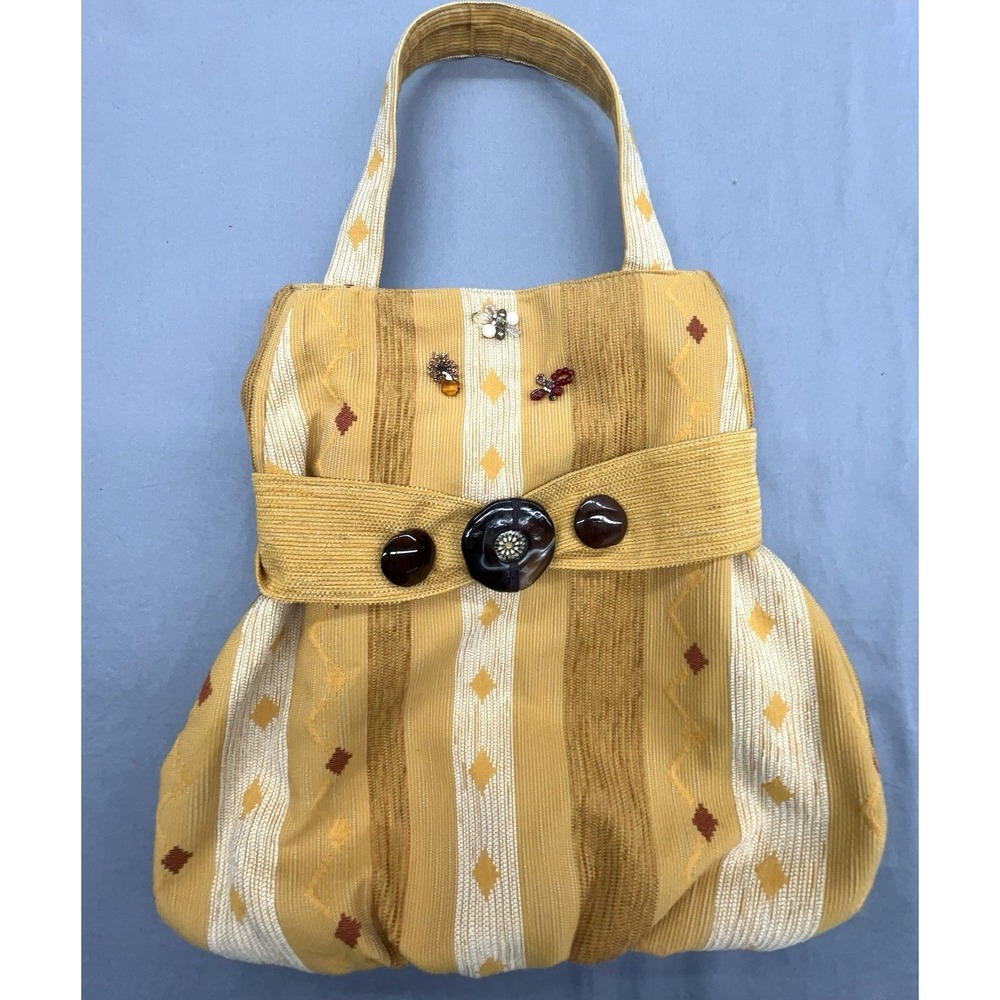 Vtg‎ Shoulder Tote Bag Yellow Cotton Textured Beads Pockets Boho Hippie Cottage